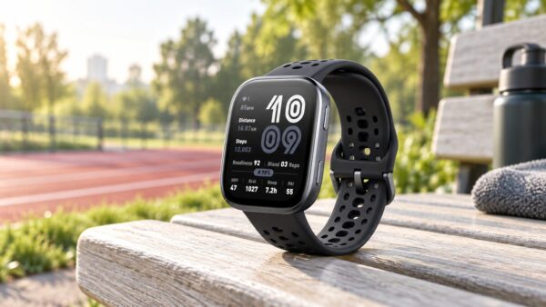 Amazfit Bip 6 noire posée sur un banc près d’une piste de course, illustration de présentation