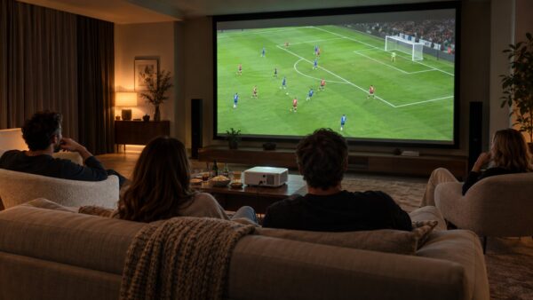 Projection d’un match de football dans un grand salon avec quatre spectateurs assis, illustration d’ambiance pour l’AURZEN Eazze D1
