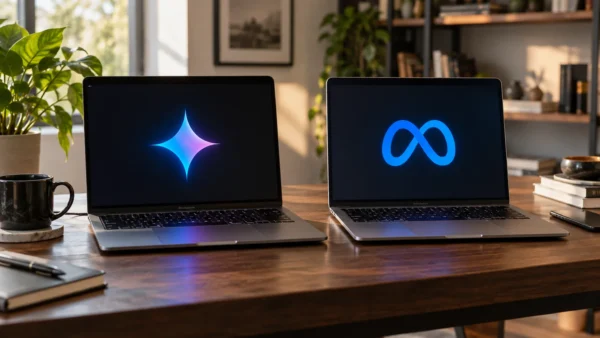 Gemini 3.8 Flash vs Muse Spark 1.3 : illustration de deux ordinateurs affichant les symboles de Google Gemini et Meta