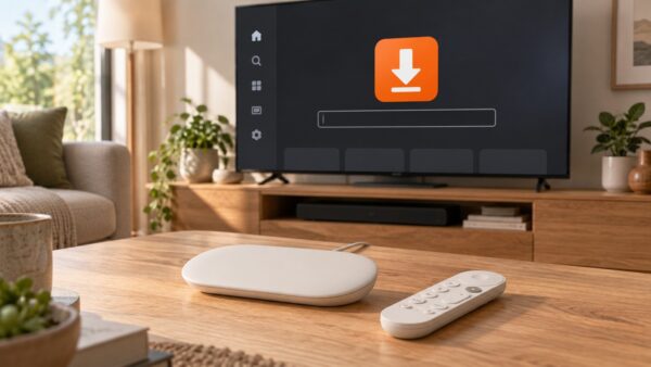 Illustration réaliste du Google TV Streamer 4K et de sa télécommande dans un salon, avec une interface évoquant Downloader sur le téléviseur.