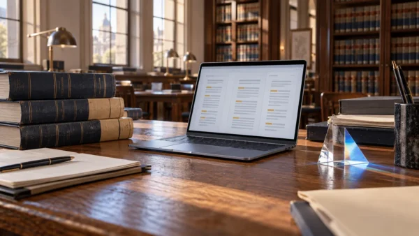 IA juridique : illustration d’un ordinateur analysant des textes dans une bibliothèque de droit