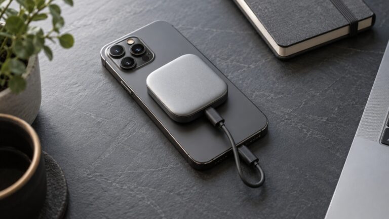 SSD magnétique relié à un smartphone par USB-C, illustration de notre avis Lexar ES5