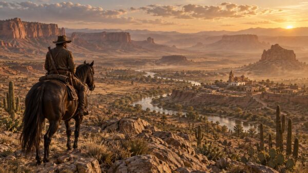 Illustration IA pour Red Dead Redemption 2 : un cavalier face à une vallée de la frontière mexicaine.