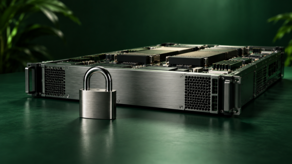 Sécurité agents IA : serveur informatique et cadenas sur fond vert