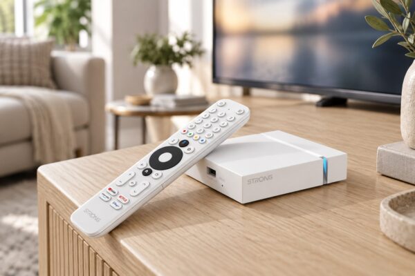Illustration réaliste du STRONG LEAP-S3+ V2 et de sa télécommande sur un meuble TV