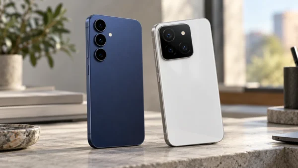 One UI vs HyperOS : illustration réaliste du Samsung Galaxy S25 et du Xiaomi 15 côte à côte