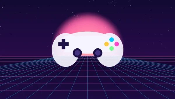 Paris Games Week 2026 : manette de jeu stylisée devant un soleil néon et une grille rétro