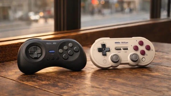 Manettes 8BitDo M30 et SN30 Pro sur une table, compatibles Super Nt+ et Mega Sg+